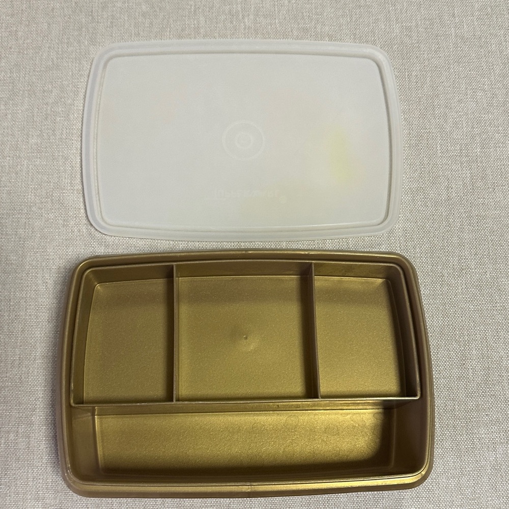 Tupperware Gold and White Divided Tray Organizer Money Box with Lid